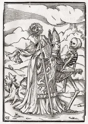 Kuolema piispalle, kaiverrus Georg Scharffenberg, "Der Todten Tanz", julkaistu Basel, 1843