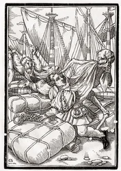 Kuolema tulee kauppiaalle, kaiverrus Georg Scharffenberg, "Der Todten Tanz", julkaistu Basel, 1843