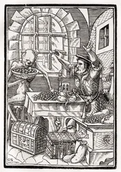 Kuolema tulee miserille tai koronnakijalle, kaivertanut Georg Scharffenberg, "Der Todten Tanz", julkaistu Basel, 1843