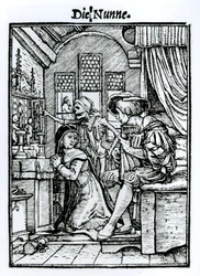 Nunna, teoksesta "Kuoleman tanssi", kaiverrus Hans Lutzelburger, n. 1538