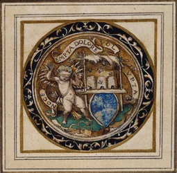 Mehiläisten pistämä Amor - Suunnitelma riipukseen tai hattumerkkiin, noin 1532-43 (tussi ja tussi paperille).