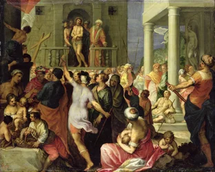Ecce Homo. Pilatus näyttää joukolle ruoskittua Jeesusta (öljy kuparilla)