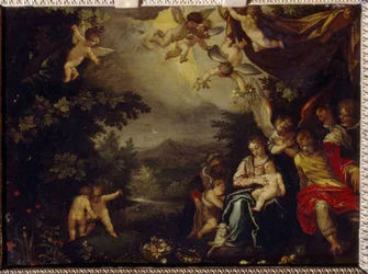 Pyhä perhe Pyhän Elisabetin ja Pyhän Johannes Kastajan kanssa. Maalaus Hans Rottenhammer Groin (1564-1625), öljy kuparille. Saksalainen taide, 1500-1600-luvun loppu, barokkitaide. Valtion A. Pushkinin kuvataidemuseo, Moskova.