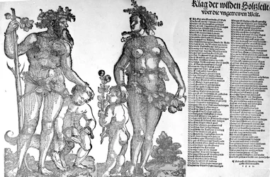 Hans Guldenmundin puupiirros, 1545, laaja käsitys metsän villimiesten vetäytymisestä maailmasta, joka on muuttunut huonompaan suuntaan