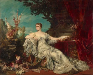 Istuva muotokuva kreivitär Gabrielle Louise Marie Duchâtelista (1854-1889), Ranskan Wienin suurlähettilään vaimosta.