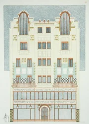 Suunnitelma viisikerroksiseen rakennukseen, 1900-luvun alku, "Documents Architecture Moderne" (väri litho)