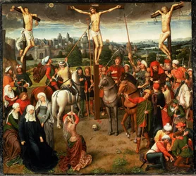Ristiinnaulitseminen. Triptyykin keskiosassa. Öljytempera tammelle (tempera tammipuulle).