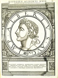 Albert I, kuvitus teoksesta "Kaiken idän ja lännen Rooman keisarit", Rudolph Wyssenbachin puupiirros, paina Andreas Gesner, Zürich