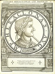 Heraclonas, kuvitus teoksesta "Kaiken idän ja lännen Rooman keisarit", Rudolph Wyssenbachin puupiirros, paina Andreas Gesner, Zürich