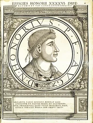Honorius, kuvitus teoksesta "Kaiken idän ja lännen Rooman keisarit", Rudolph Wyssenbachin puupiirros, Andreas Gesner, Zürich, 15