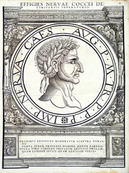 Nerva, kuvitus teoksesta "Imperatorum romanorum omnium orientalium et occidentalium verissimae imagines ex antiquis numismatis", Rudolph Wyssenbachin tekemä puupiirros, Andreas Gesnerin painama, Zürich, 1559.