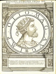 Otho I Magnus, kuvitus teoksesta "Kaiken idän ja lännen Rooman keisarit", Rudolph Wyssenbachin puupiirros, paina Andreas Gesner, Zuric