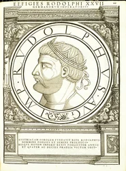 Rodolphus, kuvitus teoksesta "Imperatorum romanorum omnium orientalium et occidentalium verissimae imagines ex antiquis numismatis", Rudolph Wyssenbachin puupiirros, Andreas Gesnerin painama, Zürich, 1