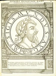 Sigismundus, kuvitus teoksesta "Imperatorum romanorum omnium orientalium et occidentalium verissimae imagines ex antiquis numismatis", Rudolph Wyssenbachin puupiirros, painanut Andreas Gesner, Zürich,