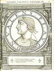 Valens, kuvitus teoksesta "Kaiken idän ja lännen Rooman keisarit", Rudolph Wyssenbachin puupiirros, Andreas Gesner, Zürich, 1559
