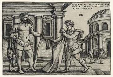Lichas tuomassa Nessuksen vaatteen Herculesille, 1540-luku (kaiverrus taitetulle paperille)