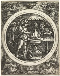 Mucius Scaevola pitelemässä kättä tulessa, n. 1520.