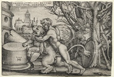 Herculesin työt: Herkules kuristaa Nemean leijonaa, 1548.