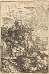 Maisema, jossa on linna ja säteilevä aurinko, 1553.