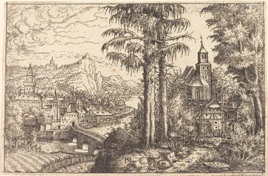 Näkymä kaupunkiin lähellä jokea, jonka oikealla puolella on kirkko, 1553.