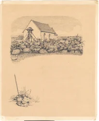 Kuvitus St. St. Valkaisuaineet: "Mowns". F.o.: kirkko kivien takana; f.n.: hautapaikka (?) lapiolla