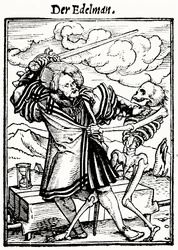 Kuolema ja aatelismies, teoksesta Kuoleman tanssi, kaiverrus Hans Lutzelburger, n. 1538