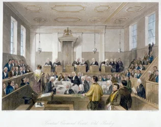 Keskusrikostuomioistuimessa Old Baileyssä, oikeuden istunnossa, Lontoon City, 1840