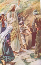 Jeesus herättää Lasaruksen kuolleista, kuvitus: Harold Copping Pictures: The Crown Series, noin 1920-luku