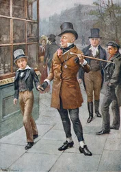 Herra Micawber johtaa David Homea, kuvitus Dickensin hahmoluonnoksista, jonka on koonnut B.W. Matz, 1924