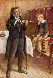 Mr Wackford Squeers ja uusi oppilas, kuvitus Dickensin hahmoluonnoksista, jonka on koonnut B.W. Matz, 1924