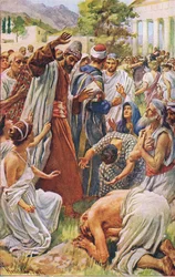 St Paul at Lystra, kuvitus Harold Copping Picturesista: The Crown Series, noin 1920-luku