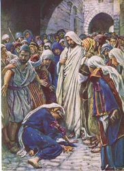 Nainen, joka kosketti vaatteen helmaa, kuvitus "Harold Copping Pictures: The Crown Series" -sarjasta, noin 1920-luku (värilitho)