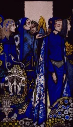 Etain, Helen, Maeve ja Fand, kultaisen Deirdren hellä käsi. Harry Clarken kuvitus J.M. Syngen teoksesta "Queens", julkaistu 1909