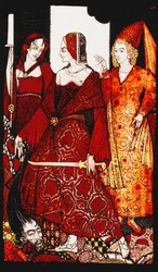 Queens who cut the hogs of Glanna...". "Queens", yhdeksän lasipaneelia hapotettu, petsattu ja maalattu, kuvitus J.M. Syngen runo, 1917
