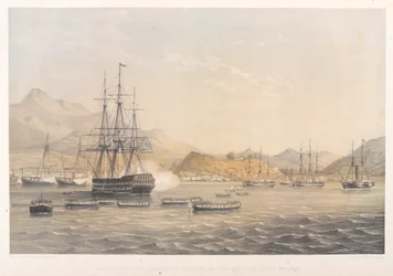 Ison-Britannian Chusanin saaren valtaus, 5. heinäkuuta 1840 (värillinen litografia)