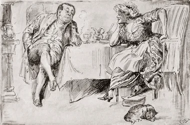Clemency ja Britannia. "Te ette koskaan mene naimisiin, tiedäthän", sanoi herra Britain. "Etkö kuitenkaan usko, että tulen koskaan?" sanoi Clemency. "Ei ole mahdollista!" "Ajattele vain!" sanoi Clemency. "No! Oletan, että tarkoitat Britanniaa, jonakin näis