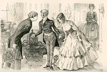 David tapaa Doran ja neiti Murdstonen. "Herra Copperfield, tyttäreni Dora ja tyttäreni Doran luottamuksellinen ystävä, neiti Murdstone!". Harry Furnissin kuvitus Charles Dickensin romaanille David Copperfield The Testimonial Editionista, julkaistu 19.