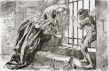 Lady Dedlock ja Jo. "Hänet laitettiin sinne", Jo sanoo pitäen kiinni tangoista ja katsoen sisään, kun taas Lady Dedlock kutistuu nurkkaan. Harry Furnissin kuvitus Charles Dickensin romaanille Bleak House, The Testimonial Editionista, julkaistu 1910.