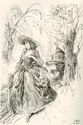 Neiti Haredale. Harry Furnissin kuvitus Charles Dickensin romaanille Barnaby Rudge The Testimonial Editionista, julkaistu 1910.