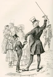O Sr. Micawber leva David para casa. "Caminhamos juntos para nossa casa, o Sr. Micawber imprimindo os nomes das ruas e as formas das casas de esquina em mim, enquanto avançávamos." Ilustração de Harry Furniss para o romance David Copperfield, de Charles Di