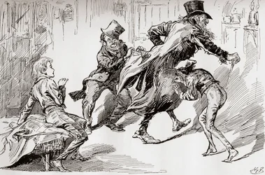 Varkaiden keittiö. Oliverille näytetään, miten se tehdään, kuvitus Charles Dickensin teoksesta "Oliver Twist", The Testimonial Edition, julkaistu 1910.