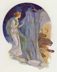 Cerberus, hirvittävä kolmipäinen koira (värilitografia).