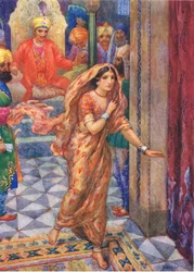 Hän pakeni salista. Muistojen renkaasta, kuvitus teoksesta "Childrens Stories from Indian Legends", noin 1930-luku (värilitra).