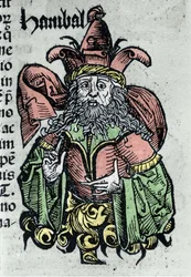 Muotokuva Hannibalista tai Annibal Barcasta (247 eKr. - 183 eKr.), karthagolainen kenraali ja valtiomies. Hartmann Schedelin "" Nürnbergin aikakirjat" -ksylografia