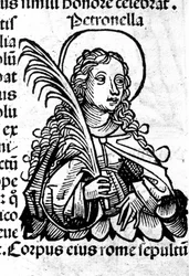 Pyhän Petronillan muotokuva. Ksylografia Hartmann Schedelin "Nürnbergin aikakirjojen" jälkeen. Nürnberg 1497