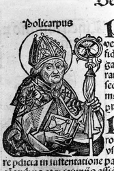 Pyhän Polykarpos Smyrnalaisen (n. 69-155) muotokuva, eveque. Kaiverrus Schedel Hartmannin (1440-1514) "" Nürnbergin kronikoista"