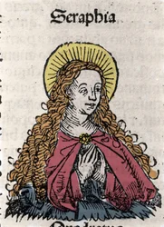 Pyhän Serafian (Serapia) (Syyrian Seraphia), 2. vuosisadan kristityn marttyyri, muotokuva. Hartmann Schedelin "" Nürnbergin kronikoista"".