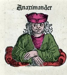 Kuvaus Anaximandros tai Anaximander De Miletus (610 - 547 eKr.), kreikkalainen filosofi, matemaatikko ja tähtitieteilijä, Hartmann Schedelin "" Nürnbergin aikakirjat" -kirjan ksylografia