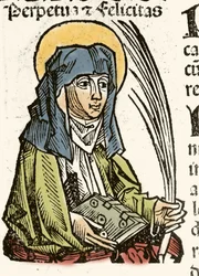 Pyhän Perpetuuksen edustus, marttyyrikuolema Karthagossa. Hartmann Schedelin ksylografia "" Nürnbergin aikakirjat"" 1493.