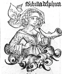 Delphin Pythian esitys. Ksilografia Hartmann Schedelin teoksesta "Liber chronicarum", Nürnberg 1497